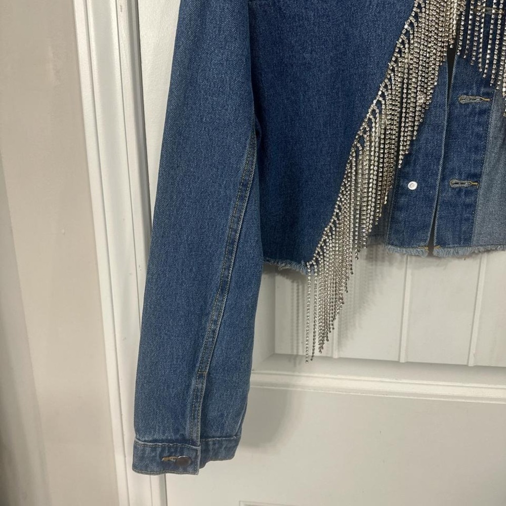 One of a kind statement cropped upcycled western disco denim jacket. Large - Picture 7 of 8